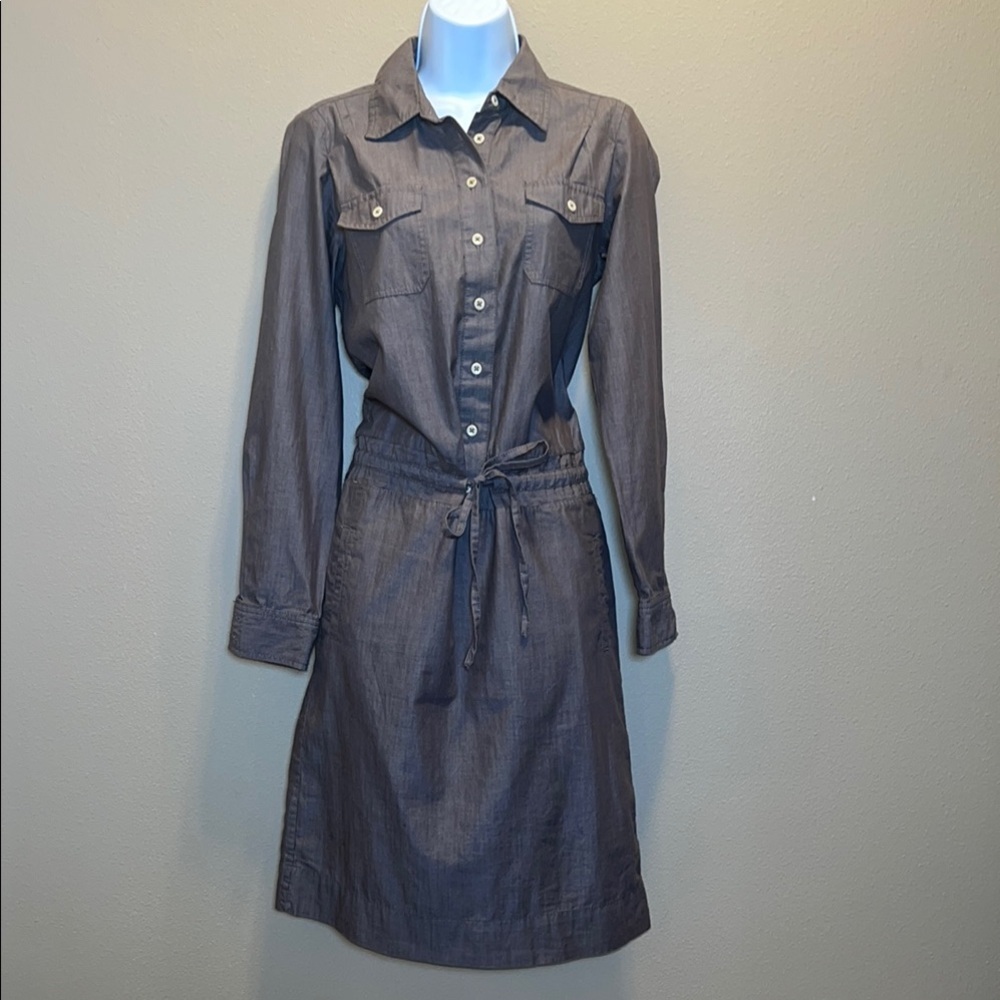 Boden 100% Cotton Utility Shirt Dress Size 4L Tall Long Sleeve Drawstring Gray